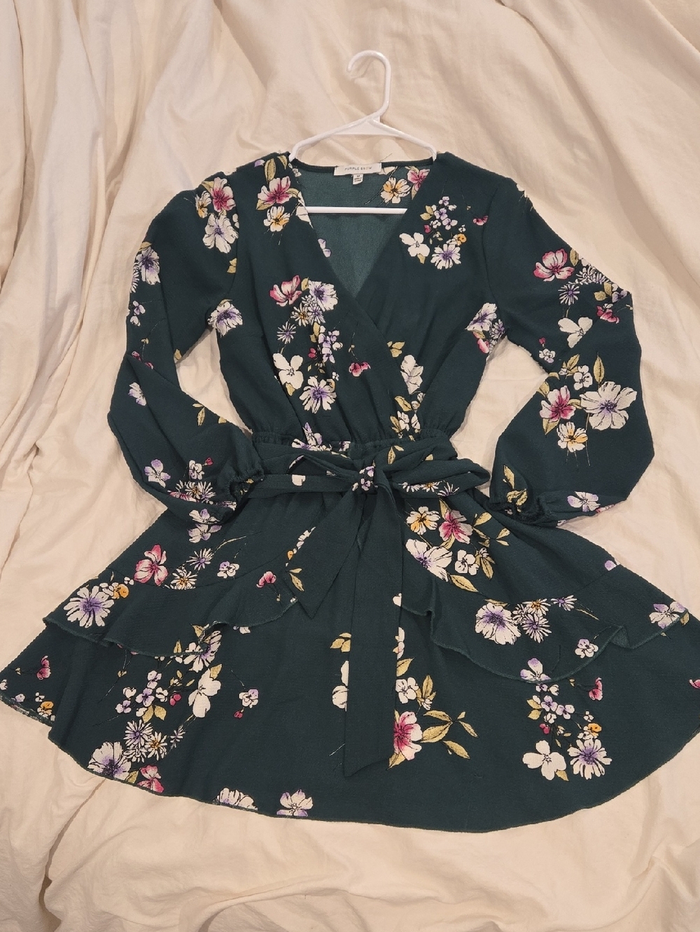 Purple Snow Forest Green Floral Wrap Dress with Self-Tie Waist